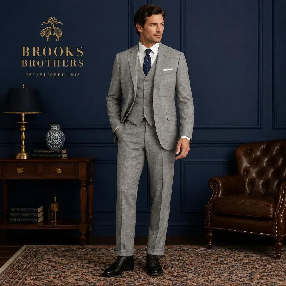BROOKS BROTHERS Golden Fleece 3pc Suit 43SH Jacket Vest Pants 34x25 Wool USA VTG